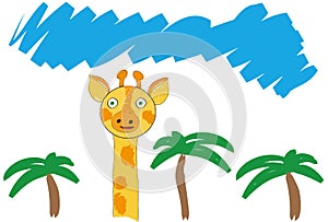 The orange giraffe and palms tree and blue sky, vector illustration, pencil drawing