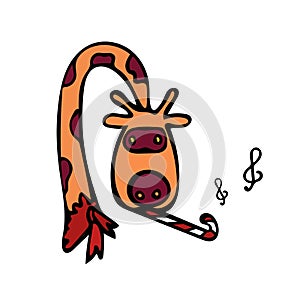 An orange giraffe with a red scarf plays music on a pipe. Notes fly out. Vector illustration in cartoon style.