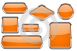 Orange glass buttons with chrome frame. Colored set of shiny 3d web icons