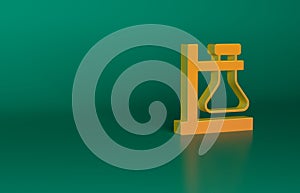 Orange Glass test tube flask on stand icon isolated on green background. Laboratory equipment. Minimalism concept. 3D