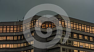 Orange glass window building in Plzen city in west Bohemia