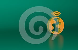 Orange Global technology or social network icon isolated on green background. Minimalism concept. 3D render illustration