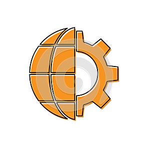 Orange Globe of the Earth and gear or cog icon isolated on white background. Setting parameters. Global Options. Vector