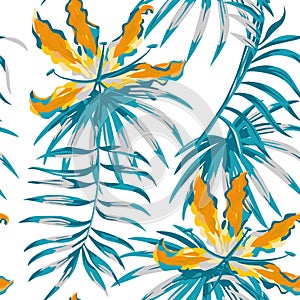 Orange gloriosa painting blue color seamless pattern