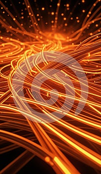 Orange glowing data cables transferring information background
