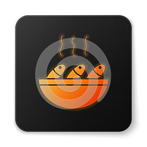Orange glowing neon Fish soup icon isolated on white background. Black square button. Vector.