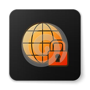 Orange glowing neon Global lockdown - locked globe icon isolated on white background. Black square button. Vector