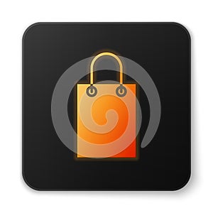 Orange glowing neon Paper shopping bag icon isolated on white background. Package sign. Black square button. Vector