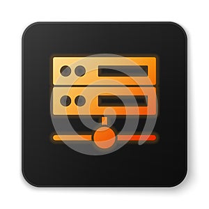 Orange glowing neon Server, Data, Web Hosting icon isolated on white background. Black square button. Vector