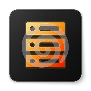 Orange glowing neon Server, Data, Web Hosting icon isolated on white background. Black square button. Vector
