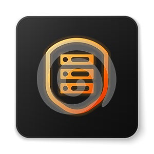 Orange glowing neon Server with shield icon isolated on white background. Protection against attacks. Network firewall