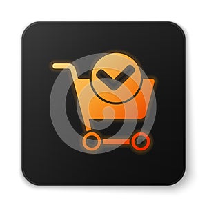 Orange glowing neon Shopping cart with check mark icon isolated on white background. Supermarket basket with approved