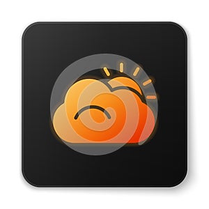 Orange glowing neon Sun and cloud weather icon isolated on white background. Black square button. Vector