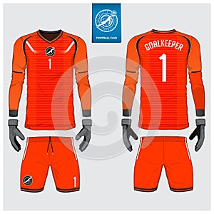 Orange Goalkeeper jersey or soccer kit, long sleeve jersey, goalkeeper glove template design.Front and back view football uniform