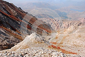 Orange gorge on the background of the panorama of mountains of Tien Shan