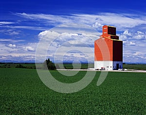 Orange grain elevator in green fields