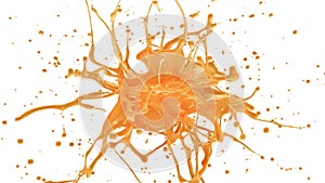 Orange or grapefruit juice explosion in slow motion. Fruit liquid drops splash