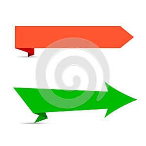 Orange and green arrows. Paper origami ribbon banner set. 3D vector illustration