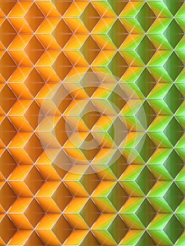 Orange and green colored cubes pattern with silver wire 3d render illustration