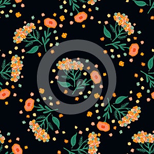 Orange and green colored yarrow ornament seamless pattern. Black background