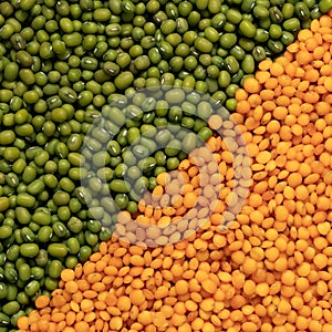 Orange and green lentils background