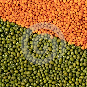 Orange and green lentils background