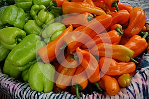 Orange and green peppers in basket.