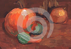 Orange and green pumpkins on a brown background. Children`s drawing