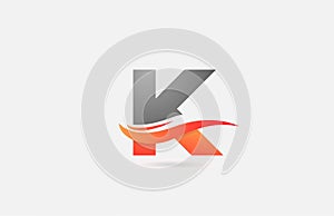 orange grey K alphabet letter logo icon for business and company with swoosh design