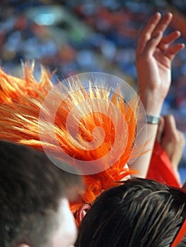 A fan of the Netherlands national football team in wig among ordinary fans.Purchase the symbolics of fan to stand out from a crowd