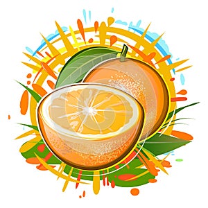 Orange and half a fruit. Isolated vector on white background. Summer citrus fruits in splashes of juice, sunlight, foliage and