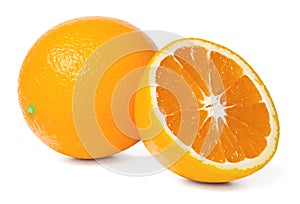 Orange and half an orange on an isolated white background. Close up.