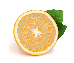 Orange half slice with leafs isolated on the white background