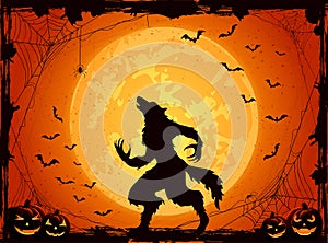 Orange Halloween background with bats and werewolf