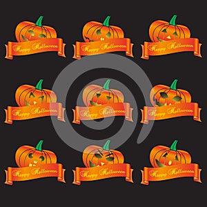 Orange halloween carved pumpkins and banners set eps10