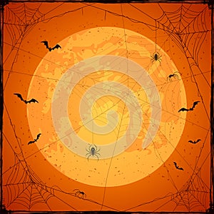 Orange Halloween grunge background with Moon and spiders