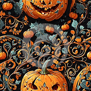 Orange Halloween Pumpkins Seamless Pattern Colorful Digital Background Artwork Design - ai generated