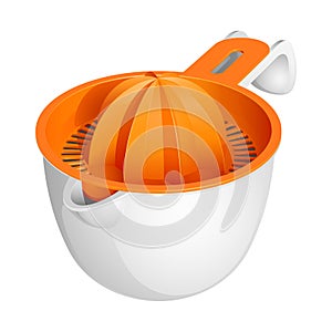 Orange hand citrus juicer with white plastic bowl