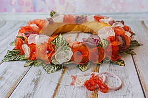 Orange handmade flower circle for newborn babies and headband wi