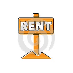 Orange Hanging sign with text Rent icon isolated on white background. Signboard with text For Rent. Vector