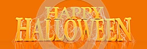 Orange Happy Halloween text covered in spooky spider webs banner