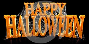 Orange Happy Halloween text covered in spooky spider webs banner