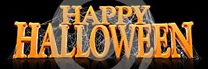 Orange Happy Halloween text covered in spooky spider webs banner