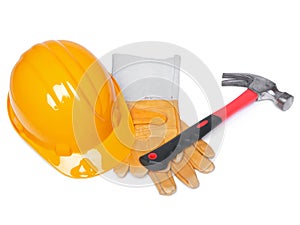 Orange HardHat Hammer And Leather Gloves