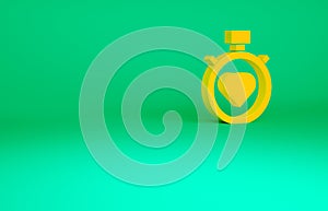 Orange Heart in the center stopwatch icon isolated on green background. Valentines day. Minimalism concept. 3d