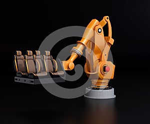 Orange heavyweight robotic arm carrying vehicles seats for assembly