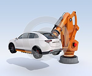 Orange heavyweight robotic arm delivering white SUV on light blue background