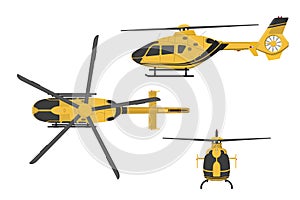 Orange helicopter on a white background. Side, front, top view