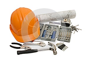 Orange helmet and different tools isolated