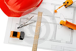 Orange helmet, ruler, pencil, drawing, construction equipment